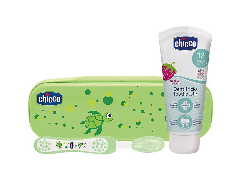 CHICCO - Set zubní kartáček a pasta s fluorem v pouzdře Always Smiling zelená 12m+