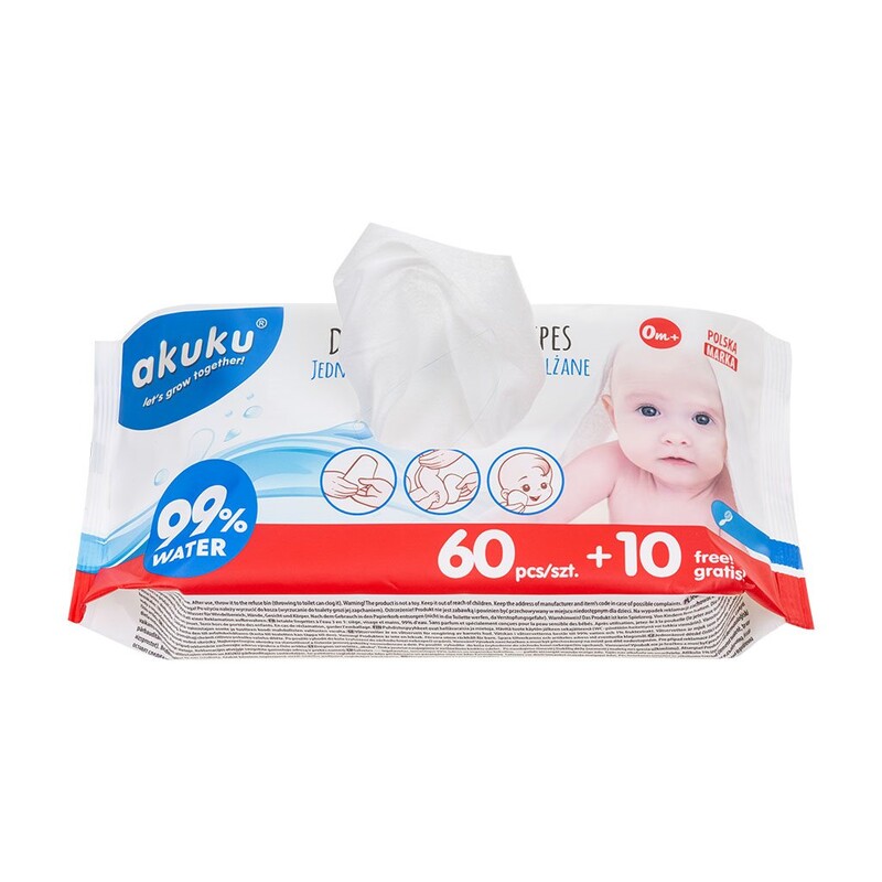 AKUKU - Dětské vlhčené ubrousky Akuku 99% vody 60 + 10 ks ZDARMA