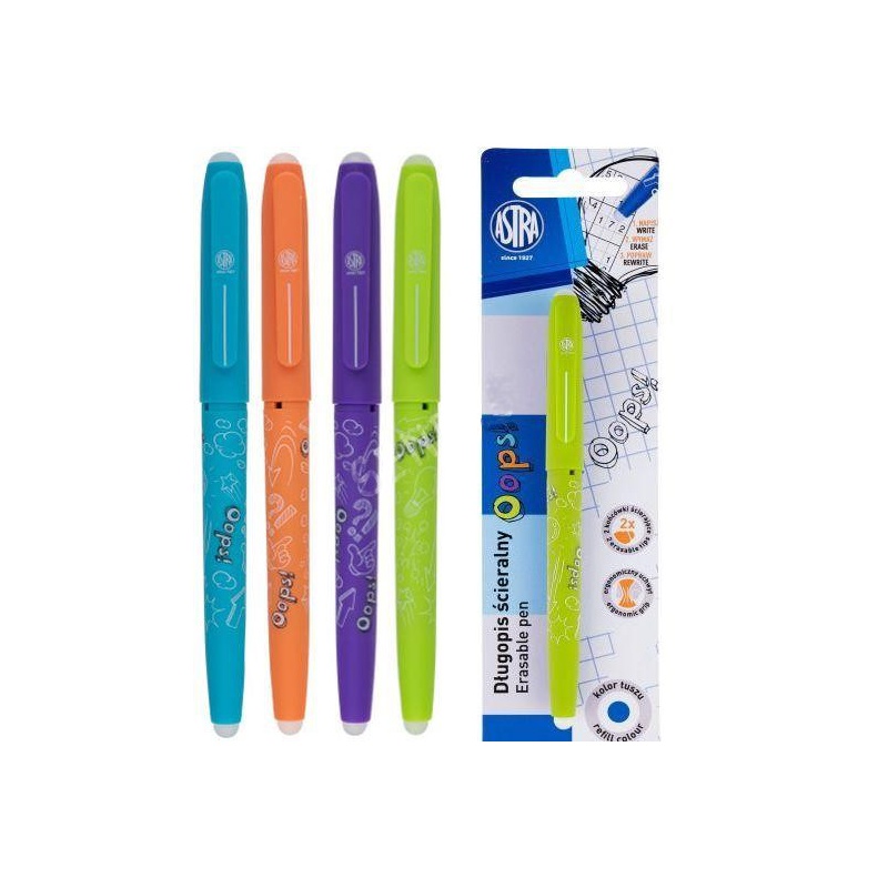 ASTRA - Gumovatelné pero OOPS!, 0,6mm, modré, dvě gumy, blistr, 201120003, Mix produktů