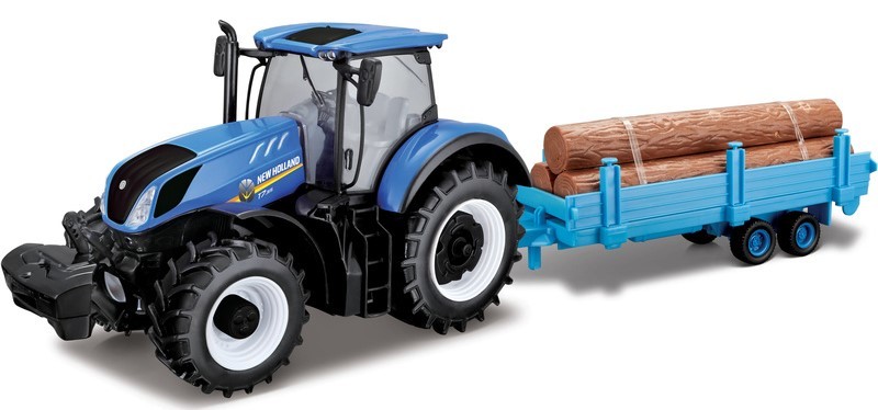 BBURAGO - 1:32 Farm Traktor New Holland s vlečkou na dřevo