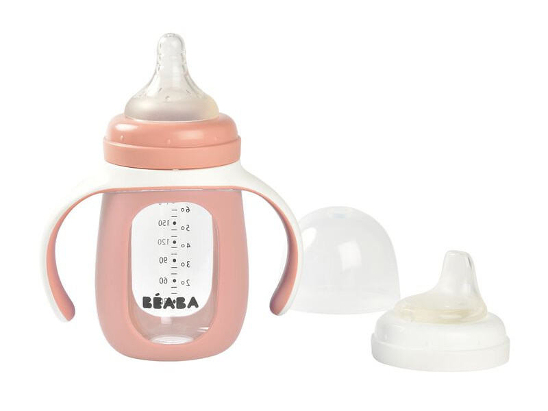 BEABA - Kojenecká láhev skleněná 2v1 210ml se silikonovou ochranou Pink
