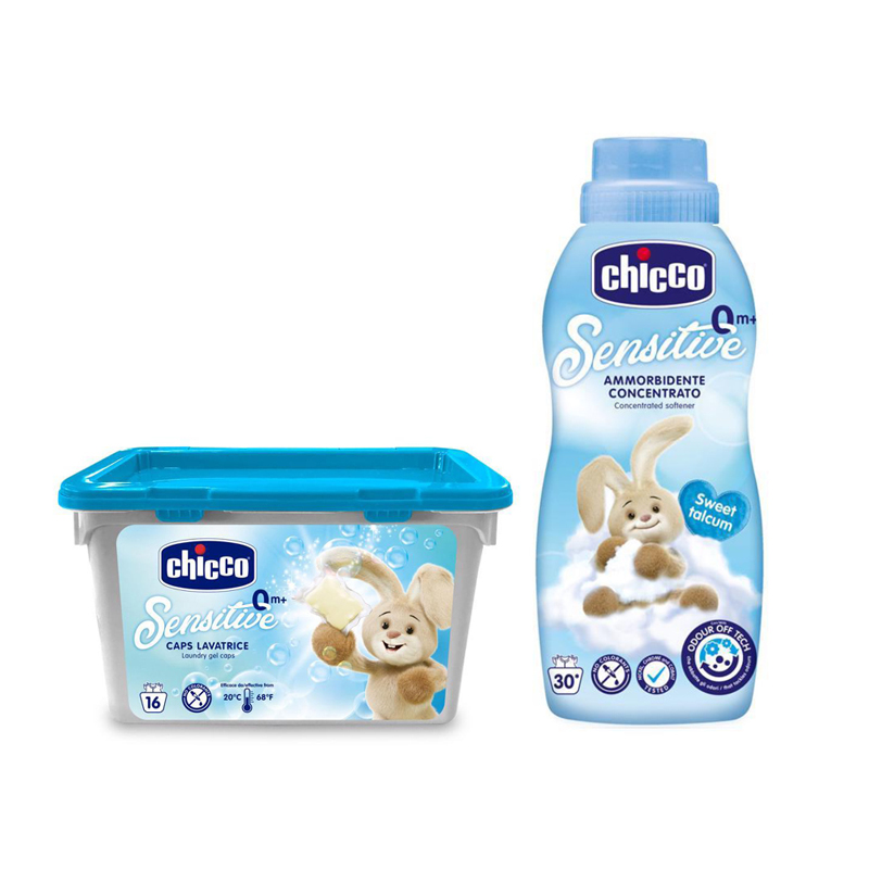 CHICCO - Tobolky prací gelové Sensitive 16 ks + Aviváž konc. Sladký Pudr 750 ml