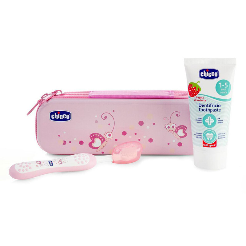 CHICCO - Set zubní kartáček a pasta s fluorem v pouzdře Always Smiling růžová 12m+