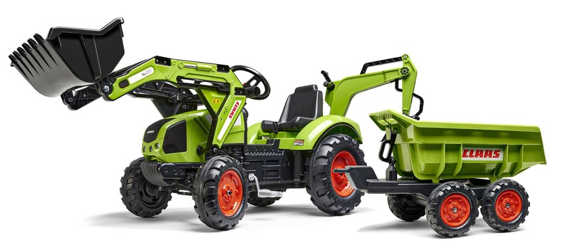 FALK - šlapací traktor 2070W Claas backhoe s přední a zadní lžící a přívěsem