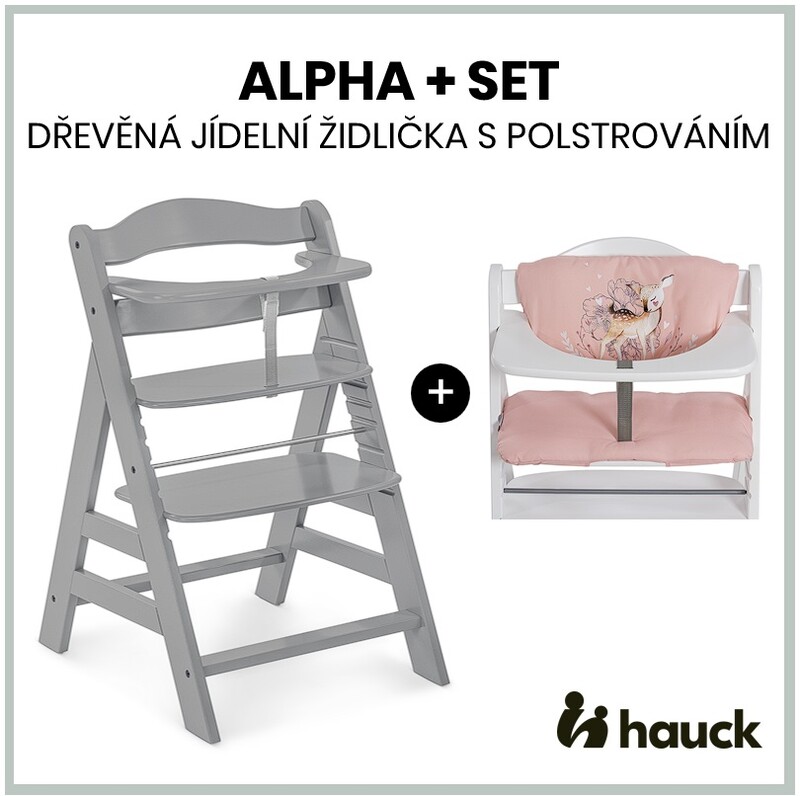 HAUCK - Alpha+ set 2v1 dřevěná židle, grey + polstrování Sweety