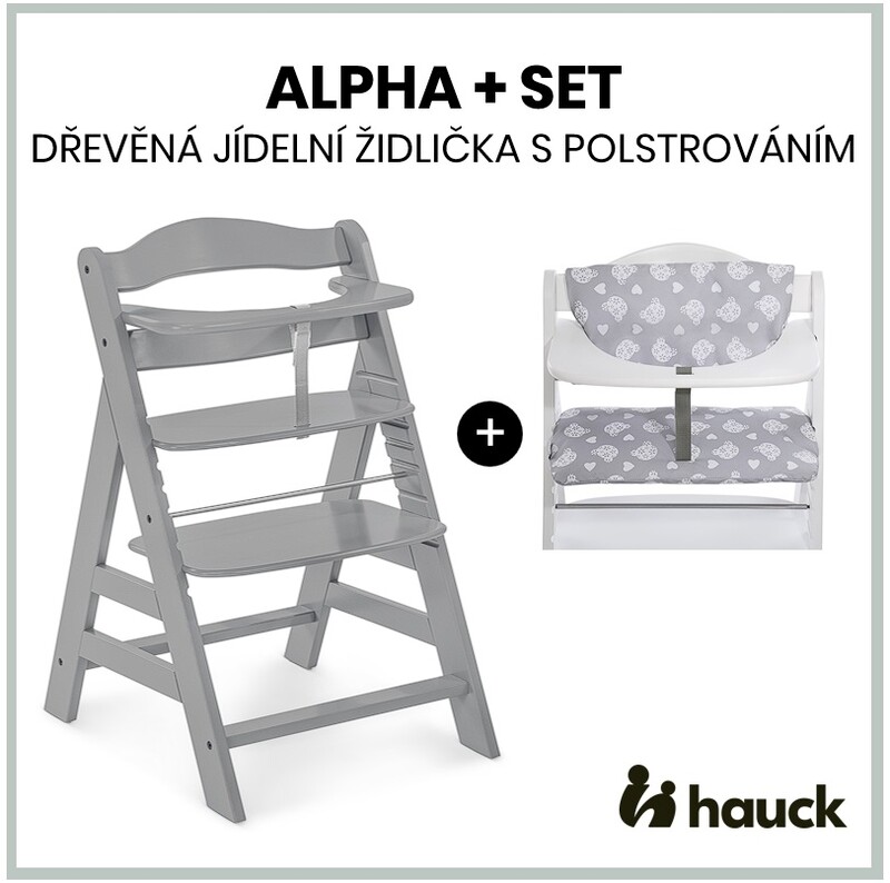 HAUCK - Alpha+ set 2v1 dřevěná židle, grey + polstrování Teddy grey