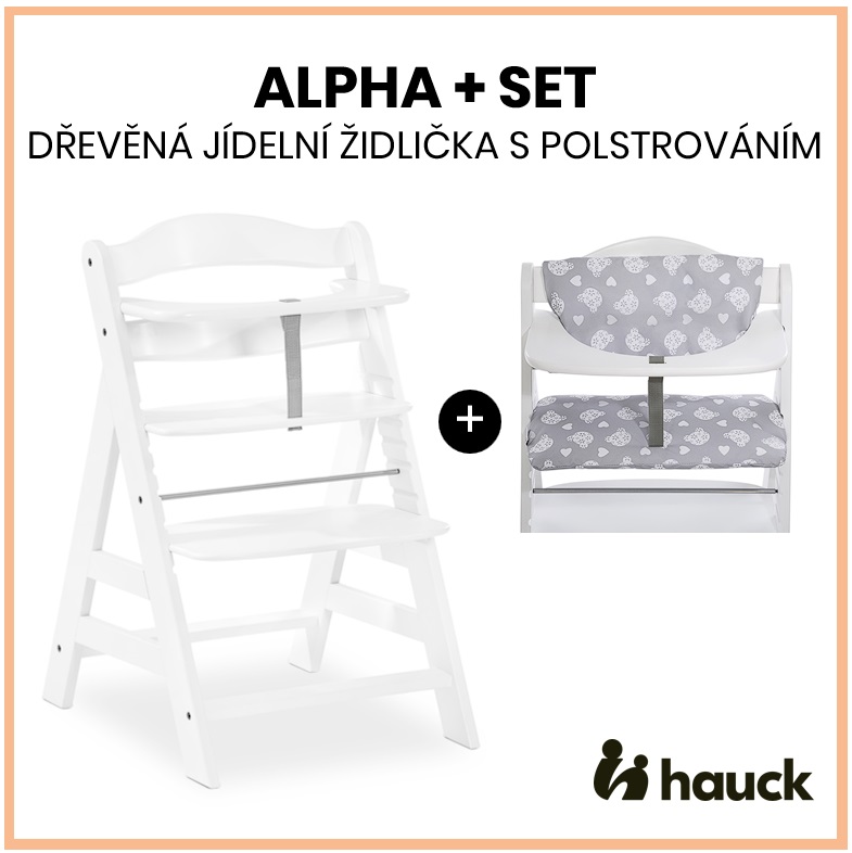 HAUCK - Alpha+ set 2v1 dřevěná židle, white + polstrování Teddy grey