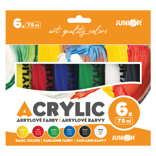 JUNIOR - Akrylové barvy 75 ml - 6 ks sada Basic