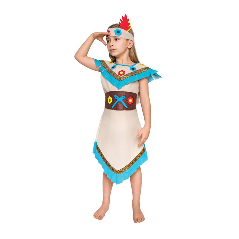 JUNIOR - Dětský kostým Indiánka (šaty, opasek, čelenka), velikost 110/120 cm