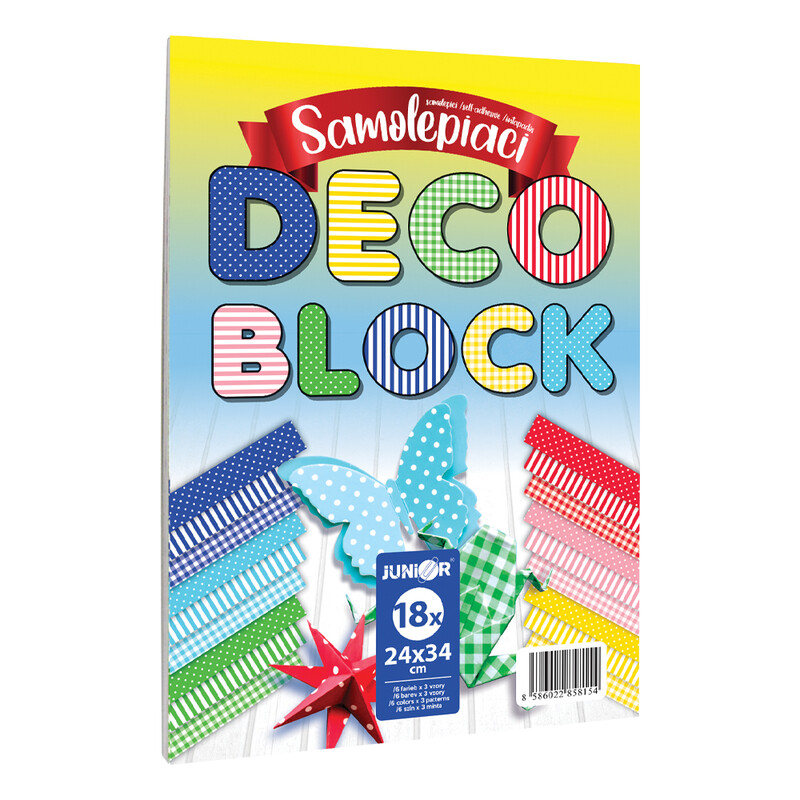 JUNIOR - Složka dekoračního papíru - samolepící DECO BLOCK 6 barev /3 vzory (18 ks)