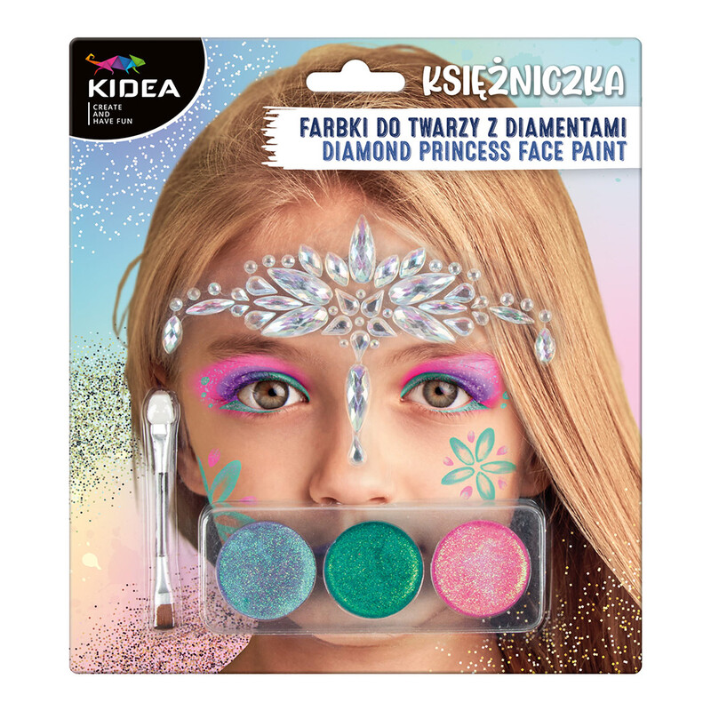 Kidea - Barvy na obličej PRINCEZNÁ - 3 barvy + štětec a diamanty (sada)