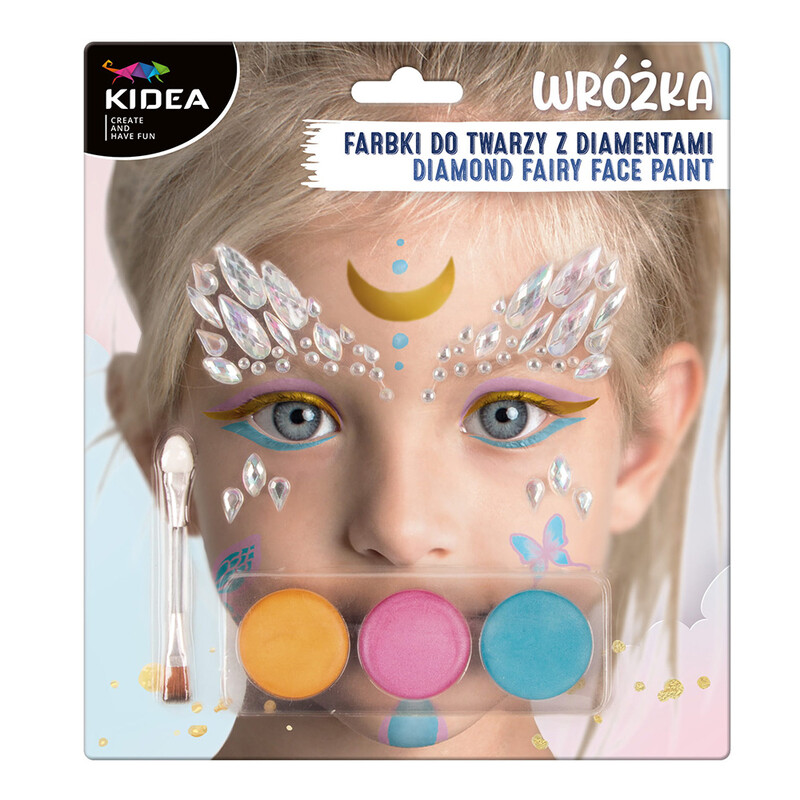 Kidea - Barvy na obličej VĚŠTĚC - 3 barvy + štětec a diamanty (sada)