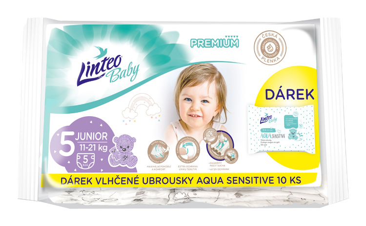 LINTEO - Jednorázové plenky Baby premium Junior (11-21kg) 5ks + dárek vlhčené ubrousky AQUA SENSITIVE 10ks