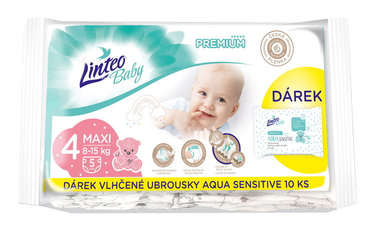 LINTEO - Dětské jednorázové plenky Baby premium Maxi (8-15kg) 5ks + dárkové vlhčené ubrousky AQUA SENSITIVE 10ks