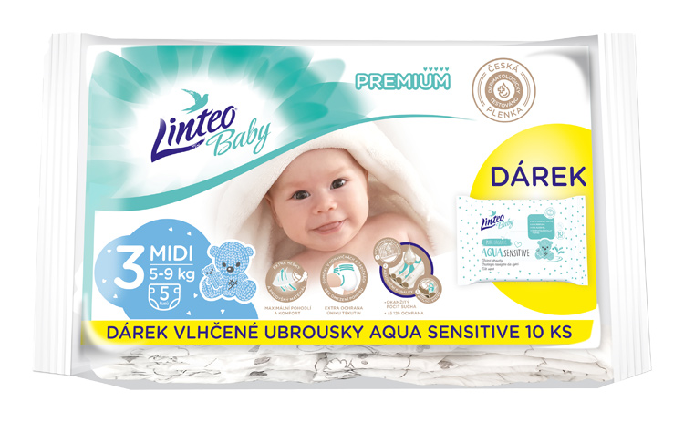LINTEO - Baby premium Midi jednorázové plenky (5-9kg) 5ks + dárkové vlhčené ubrousky AQUA SENSITIVE 10ks