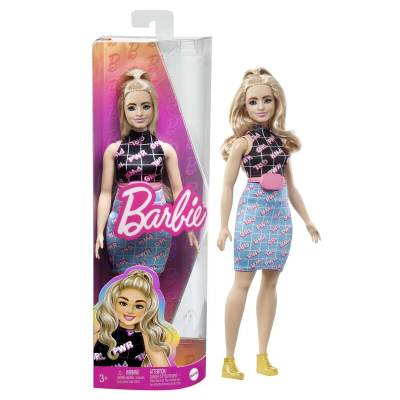 MATTEL - Barbie modelka - černo-modré šaty s ledvinkou