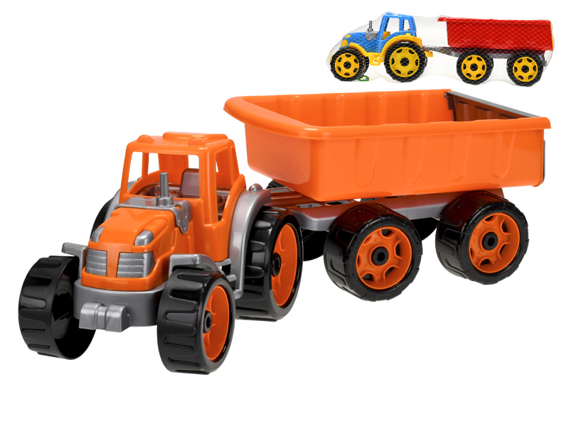MIKRO TRADING - Traktor se sklápěcím přívěsem 54cm oranžový v síťce