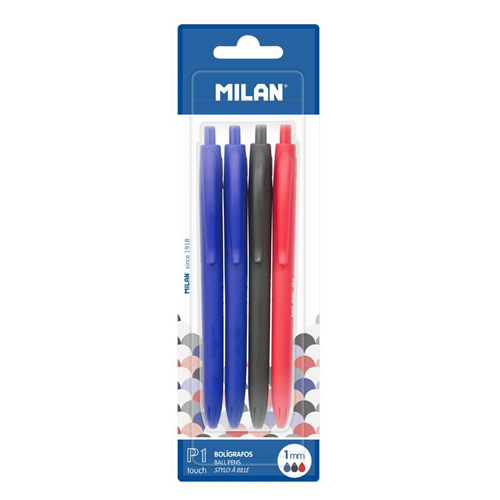 MILAN - Pero kuličkové P1 Touch 1,0 mm - sada 2 x modré + černé + červené pero