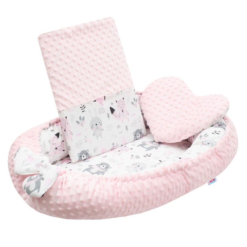 NEW BABY - Luxusní hnízdečko s polštářkem a peřinkou z Minky růžové