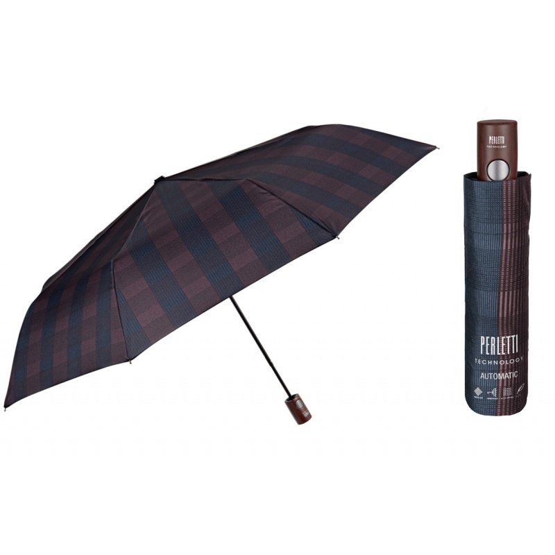 PERLETTI - Pánský automatický deštník TIME Scozzese / šedo-hnědý, 21732