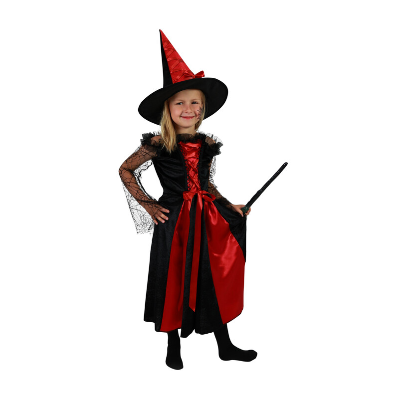 RAPPA - Dětský kostým čarodějnice černo-červená s kloboukem (M) e-obal