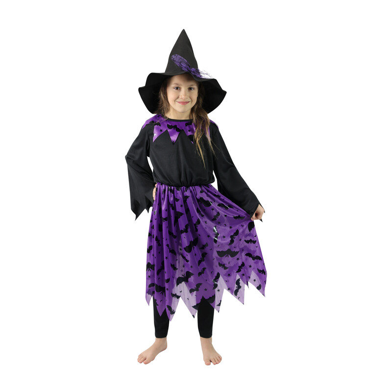 RAPPA - Dětský kostým čarodějnice s netopýry a kloboukem (S)