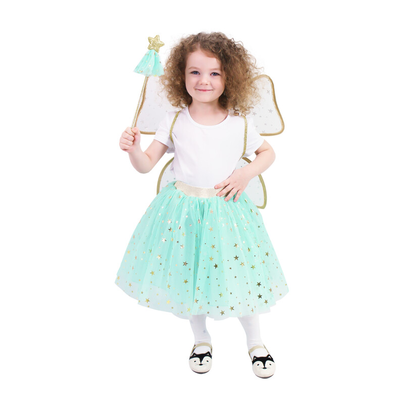 RAPPA - Dětský kostým tutu sukně zelená víla s hůlkou a křídly