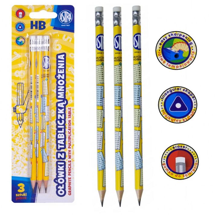 ASTRA - 3ks Obyčejná HB tužka s gumou a násobilkou, blistr, 206121002