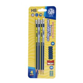 ASTRA - 4x obyčejná HB tužka s gumou, ořezávátko + násadka, blistr, 206120009