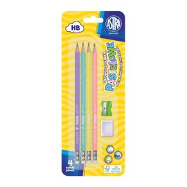 ASTRA - Pastel, 4x obyčejná HB tužka s měřítkem a gumou, ořezávátko + guma, blistr, 206120007