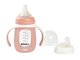 BEABA - Kojenecká láhev skleněná 2v1 210ml se silikonovou ochranou Pink