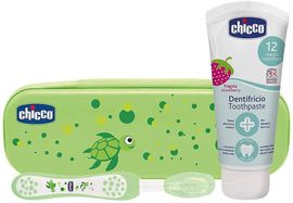 CHICCO - Set zubní kartáček s pouzdrem+pasta Always Smiling zelená 12m+