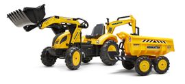 FALK - Šlapací traktor 2086W Komatsu s bagrem a Maxi vyklápěcím přívěsem - žlutý