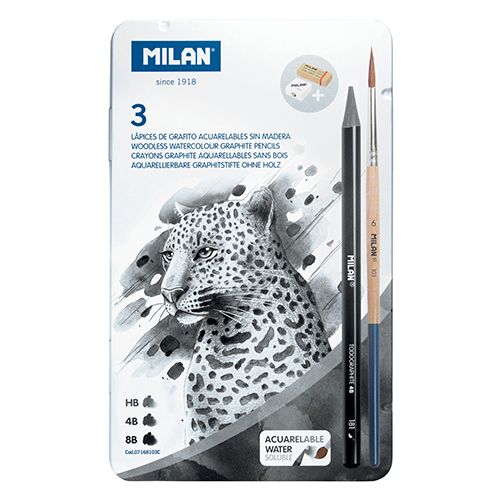 MILAN - Akvarelové tužky - sada 3 ks(HB/4B/8B) + 1 štětec a 2 gumy v kovovém boxu