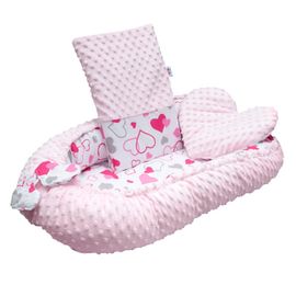 NEW BABY - Luxusní hnízdečko s polštářkem a peřinkou z Minky růžová srdíčka
