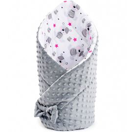 NEW BABY - Oboustranná zavinovačka z Minky 75x75 cm teddy šedá hvězdičky růžové