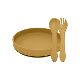 PETITE&MARS - Set jídelní silikonový TAKE&MATCH 2 ks talíř + příbor Intense Ochre 6m+