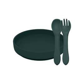 PETITE&MARS - Set jídelní silikonový TAKE&MATCH 2 ks talíř + příbor Misty Green 6m+