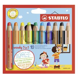 STABILO - Pastelky woody 3 v 1 - barvička, vdodovka, voskovka - 10 ks různých barev