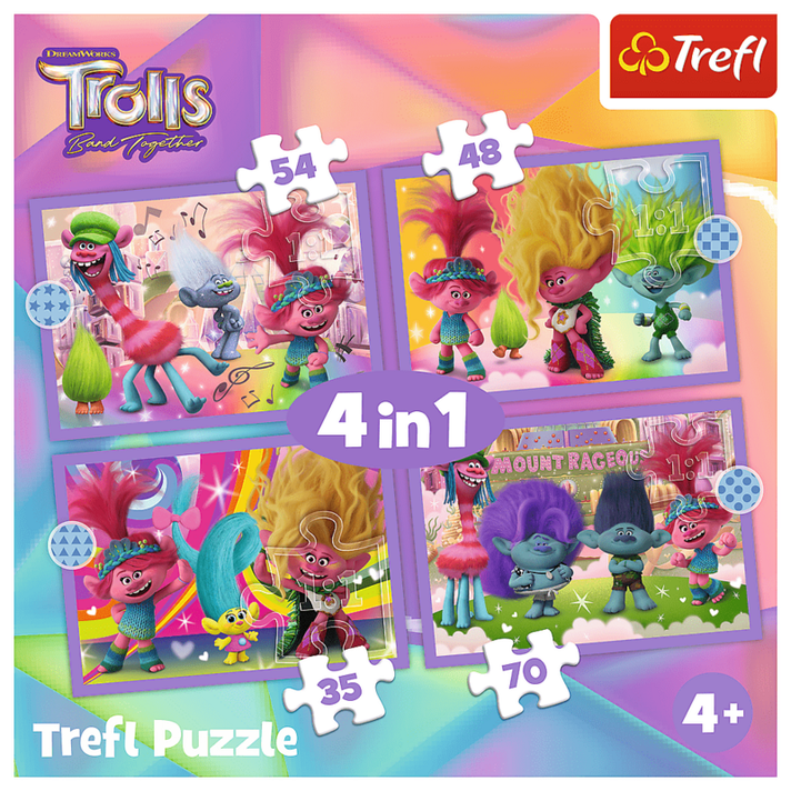 TREFL -  Puzzle 4v1 - Dobrodružství barevných Trollů / Universal Trolls 3 (2023)