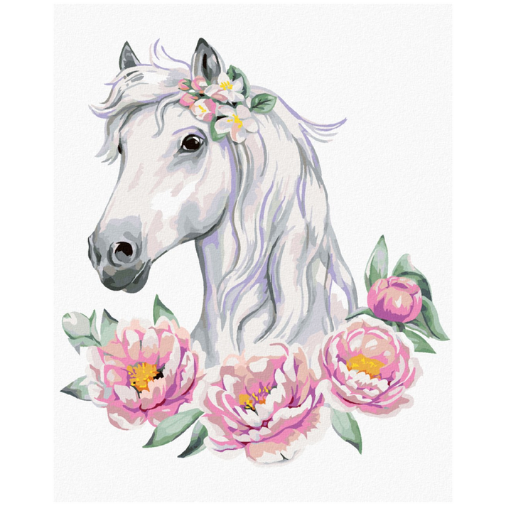 ZUTY - Diamantové malování (bez rámu) - Bílý kůň s pivoňkami