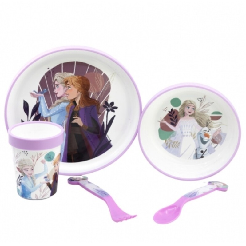 STOR - Dětská jídelní souprava Disney Frozen (5 ks) - talíř, miska, sklenice a příbor, 74285