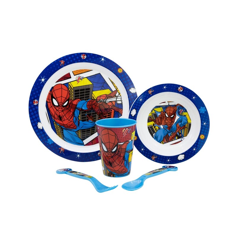 STOR - Dětské plastové nádobí Spiderman (talíř, miska, sklenice, příbor), 74750