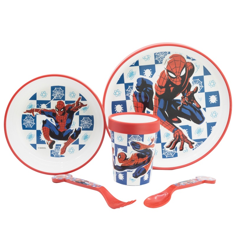 STOR - Dětské plastové nádobí Spiderman (talíř, miska, sklenice, příbor), 74785
