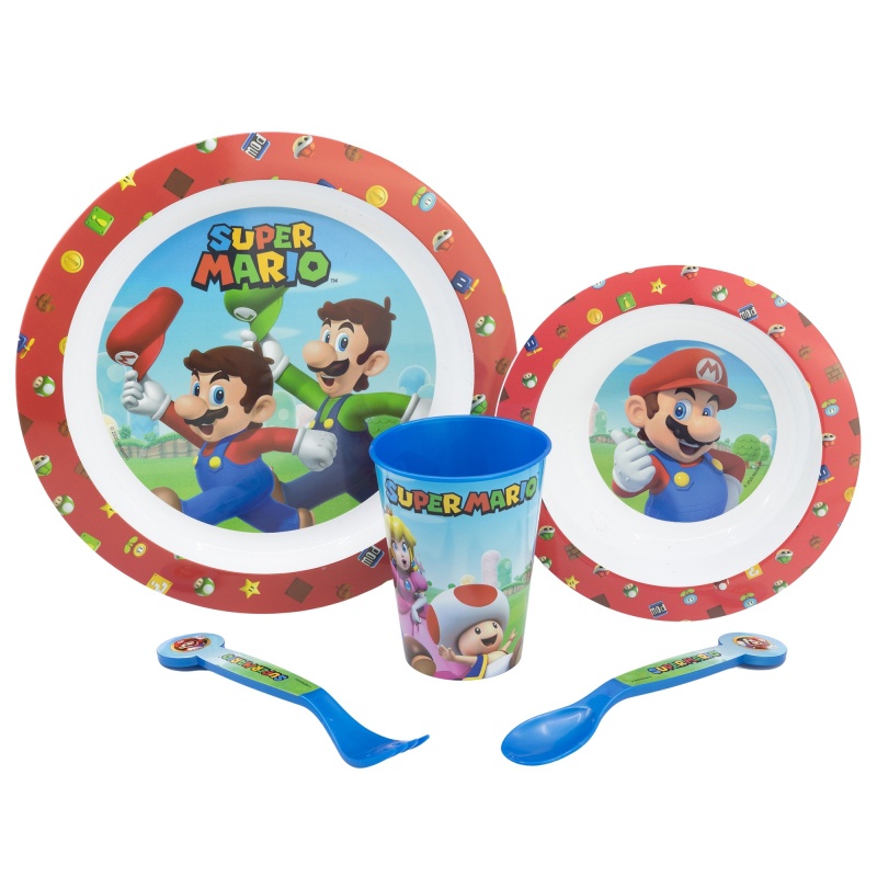 STOR - Dětské plastové nádobí Super Mario (talíř, miska, sklenice, příbor), 75250