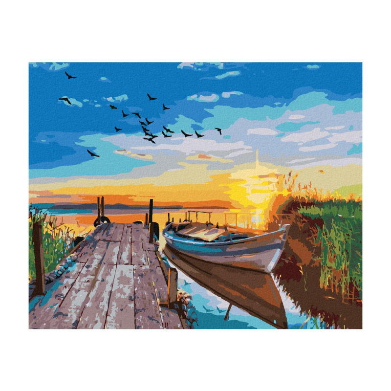 ZUTY - Diamantové malování (s rámem) - Západ slunce nad jezerem s loďkou